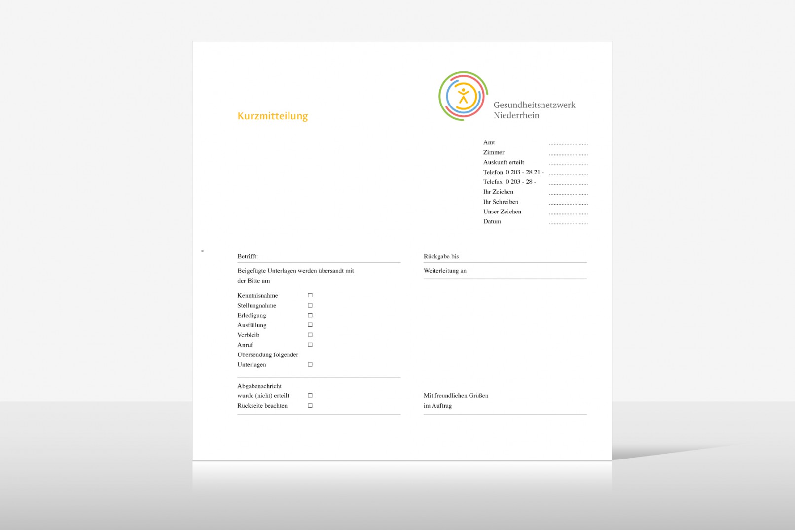 Gesundheitsnetzwerk Niederrhein - Corporate Design Kurzmitteilung